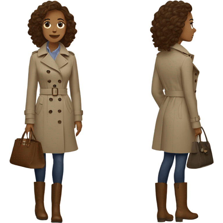 Woman with brown wavy hair and a trench coat with brown boots and a longchamp tote bag emoji