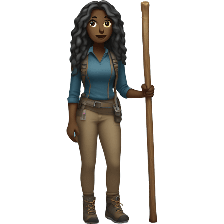 Dark Woman long hair  hiking full body with hiking sticks  emoji