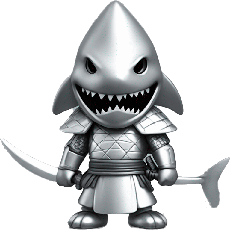 A fully silver chrome figurine of a shark in a samurai outfit. emoji