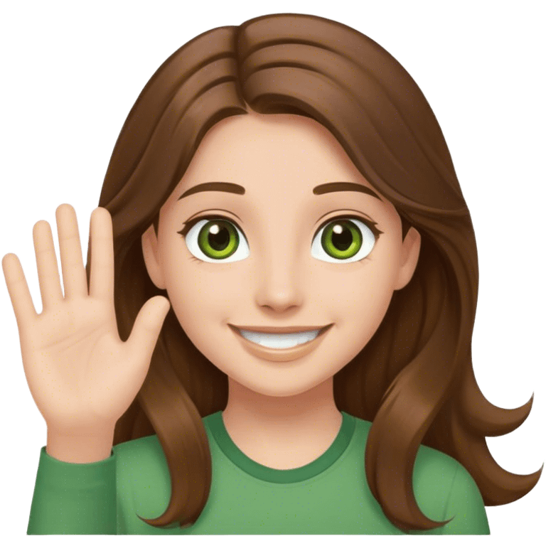 smiling girl with long brown hair, middle hair part, waving, green shirt, hazel eyes emoji