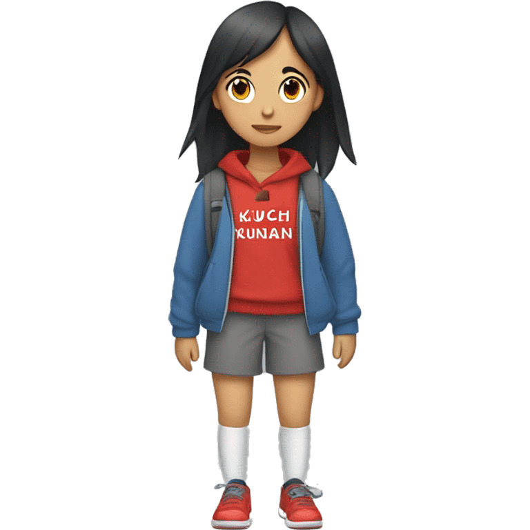 Penelope (a girl who had black hair in a short ponytail, wears a gray hoodie with red text that reads "KUCHI KUKAN" in it with a graphic on the bottom of the text, black shorts, gray socks, red shoes, & carries her blue backpack) emoji