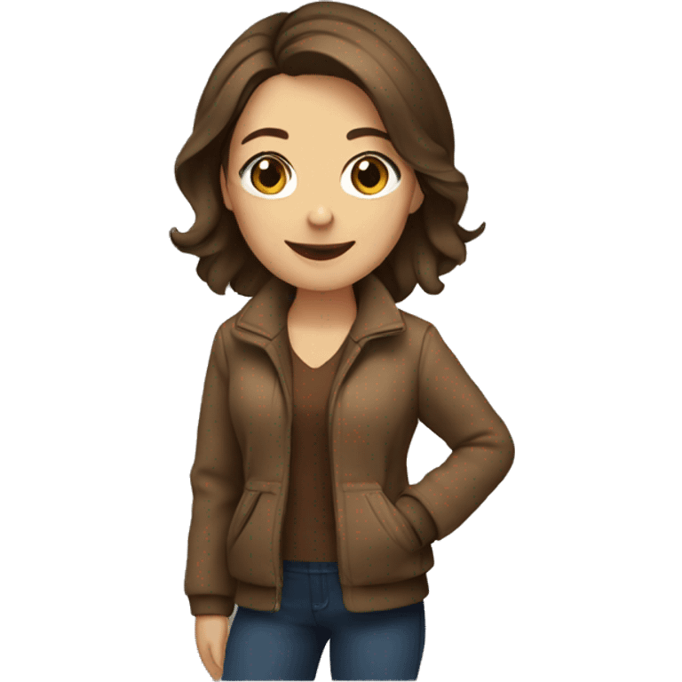 woman, brown hair, smiling, big eyes, brown jacket  emoji