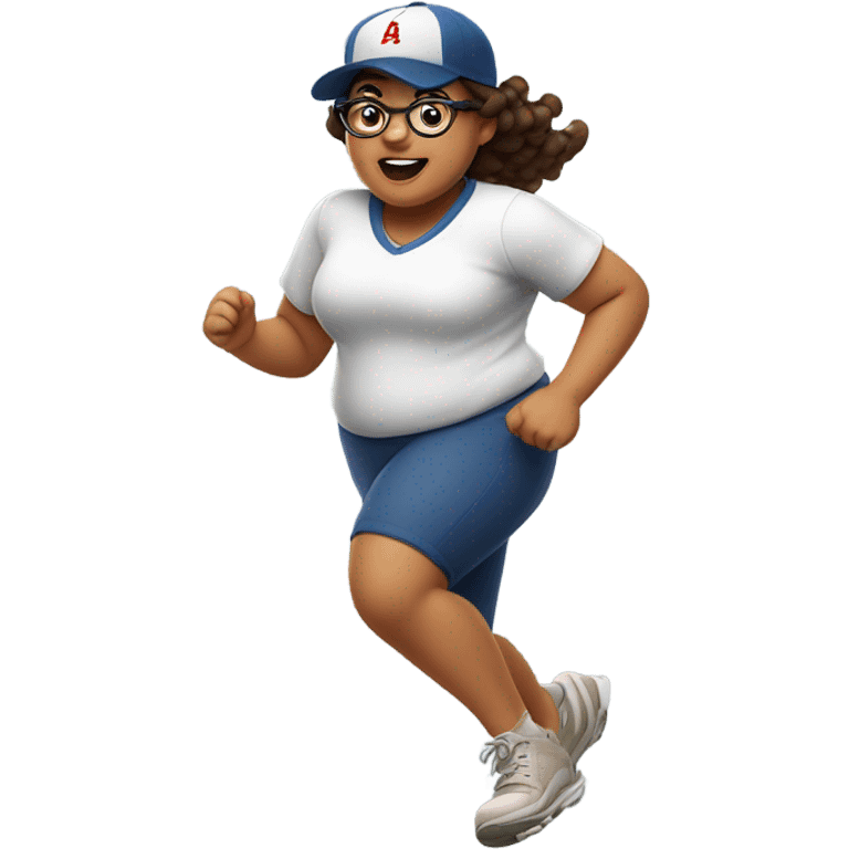 Fair chubby brown eyed girl with glasses in baseball cap running emoji