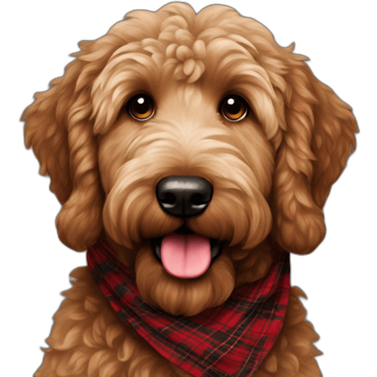 Dark brown colored golden doodle with a red and black flannel hankerchief emoji