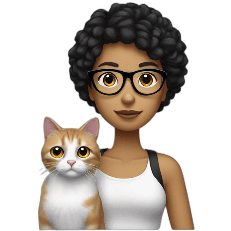 chica blanca de pelo negro lacio y gafas con chico moreno con un moño y un gato blanco y negro emoji