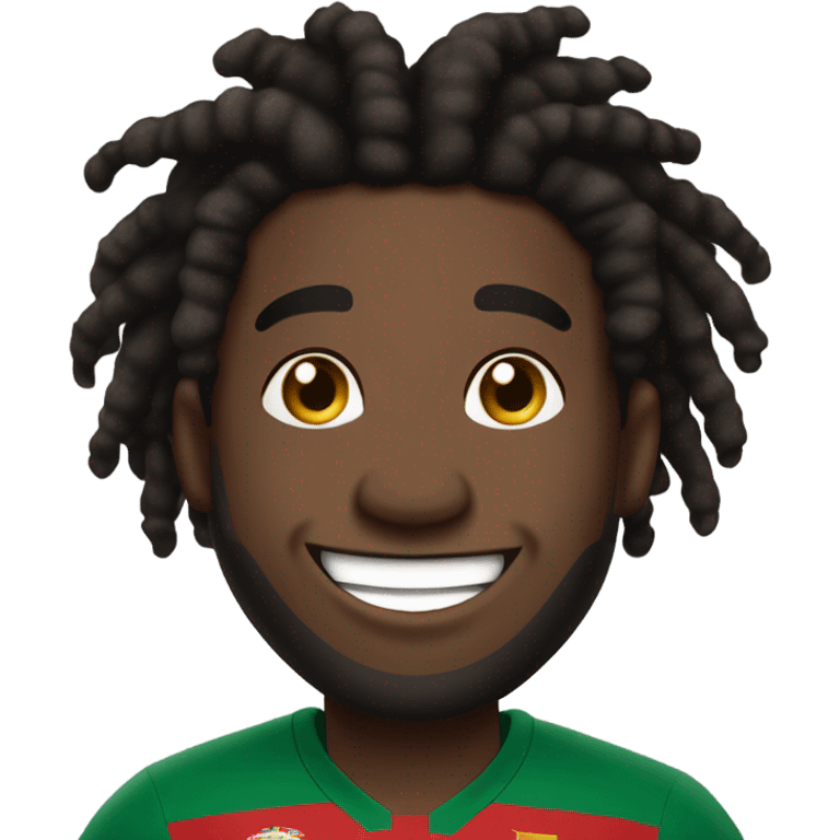  Young black man- 4 inch short black nappy messy dread locks-  low eyebrows - low eyes - no facial hair laughing Portugal jersey lean crazy smile  emoji