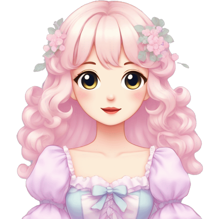 Gorgeous pastel anime style lady with blushing face and a dress cottagecore fairycore  Kawaii anime colorful pearly romantic simplistic aesthetic trending style emoji