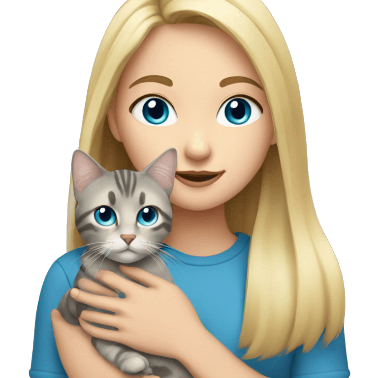 Blonde girl with blue eyes holding a gray tabby cat emoji