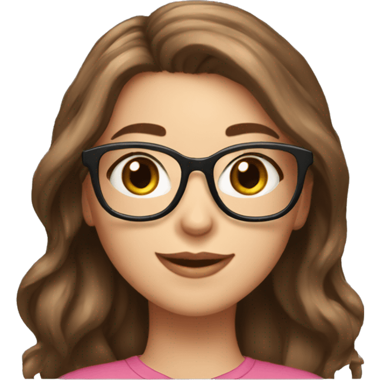 a beautiful girl, cute girl, brown hair, cute face, pink cheeks, hazel eyes, long hair, smiling, hearts on side, emoji, glasses,  white skin, black glasses emoji