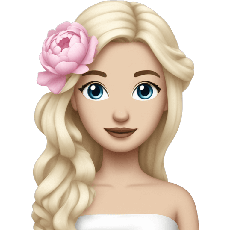 White bride with long light blonde hair and blue eyes with light pink peonies in hair white skin  emoji