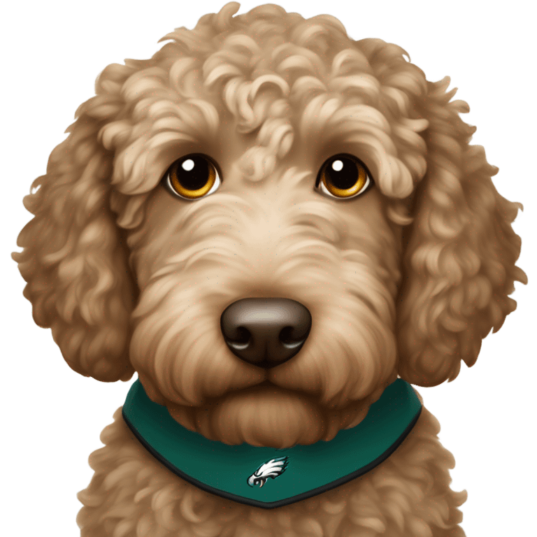 Light brown with little dark brown Labradoodle  wearing a Philadelphia Eagles jersey emoji