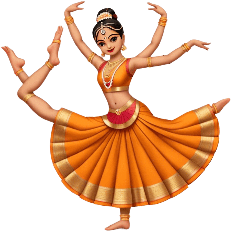 Cinematic Realistic Bharatanatyam Dance Emoji, depicted as an elegant classical Indian dance performance with graceful poses, intricate costumes, and expressive hand gestures, rendered with rich textures and warm dramatic lighting that captures its timeless beauty. emoji