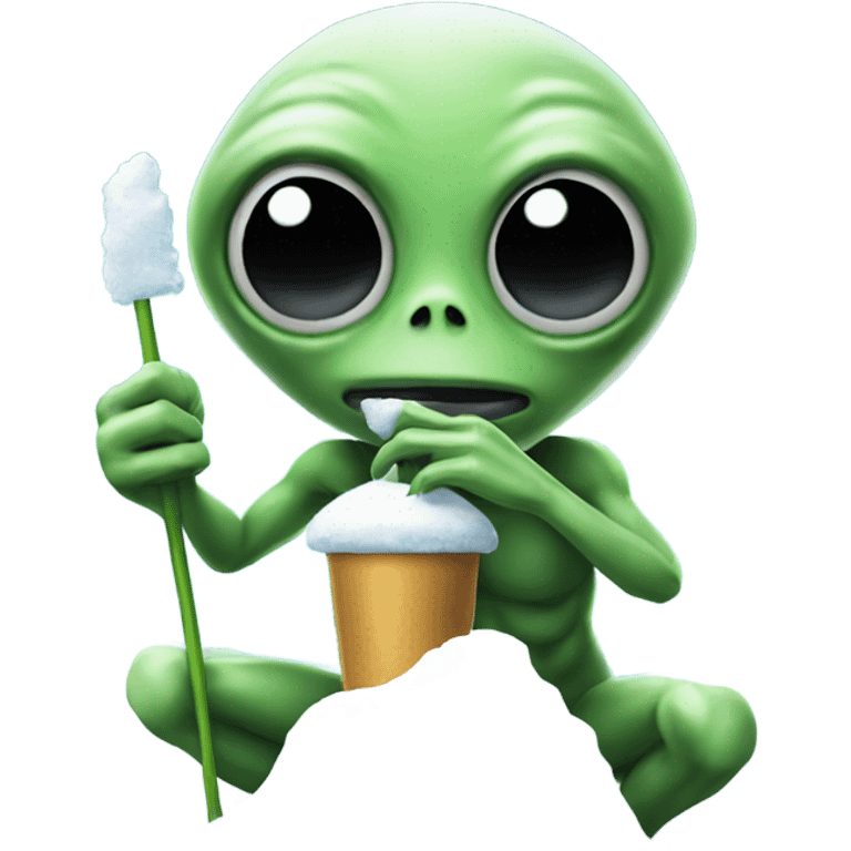 alien holding a small straw next to a mound of snow emoji