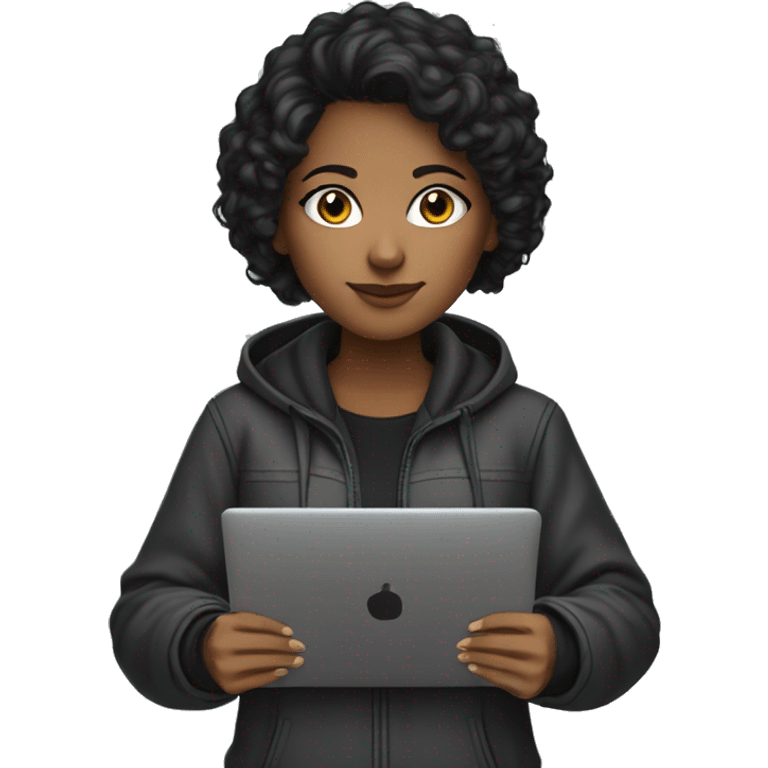 A brown-skinned female programmer with short black curly hair wearing a hooded jacket programming on a laptop emoji