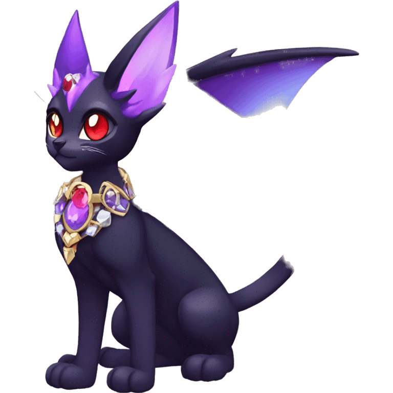 cool kawaii anime-cartoon edgy distinguished ethereal elegant beautiful fantasy black purple red ethereal fantasy nargacuga-Noivern-cat-Quiana-Fakemon collar harness moon gem jewels full body emoji