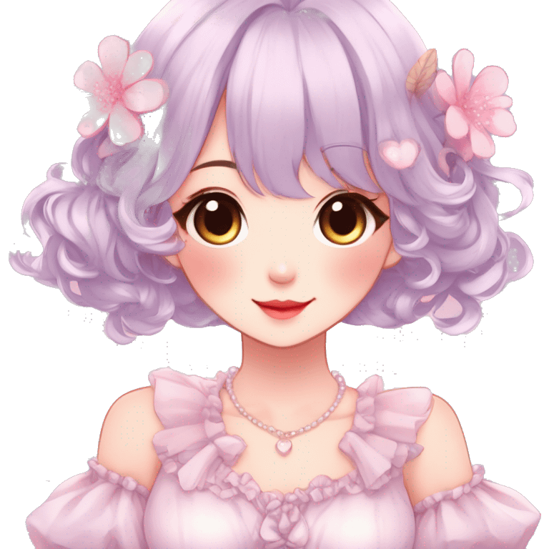 Gorgeous anime style lady with blushing face and accessories cottagecore fairycore Kawaii anime colorful pearly romantic aesthetic trending style emoji