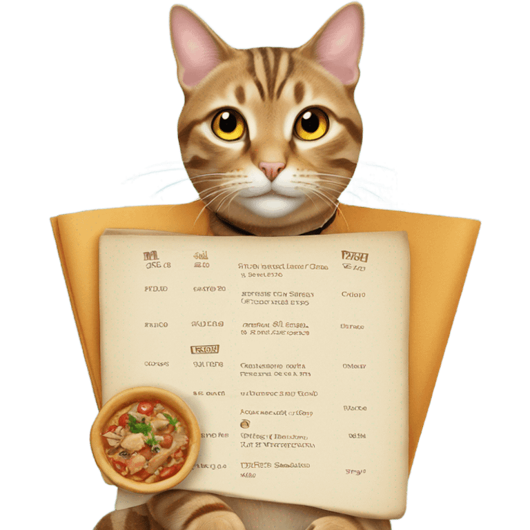 tabby cat with a restaurant menu around neck emoji