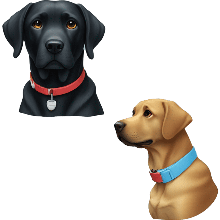 black-coloured labrador on the left with red collar, black-coloured labrador on the right with light blue collar. emoji