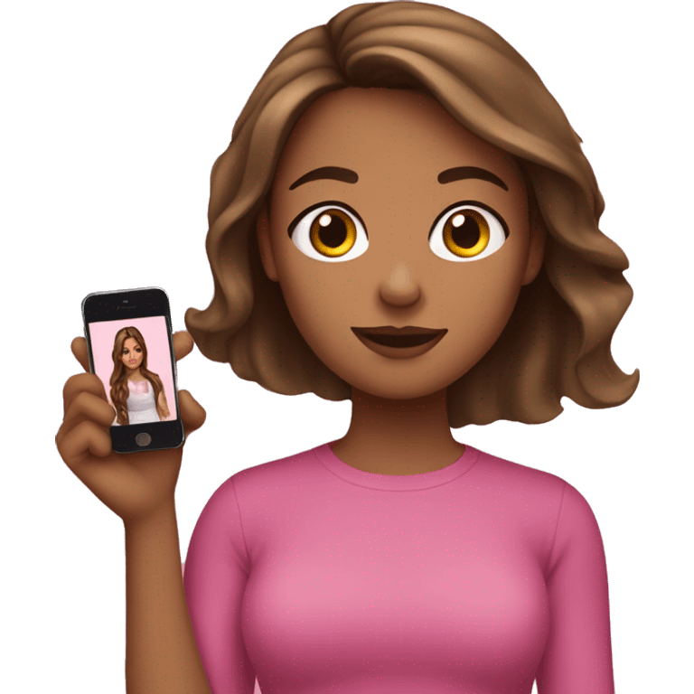 Girl with brown hair, strand in front, wearing pink with an iPhone in her hand emoji