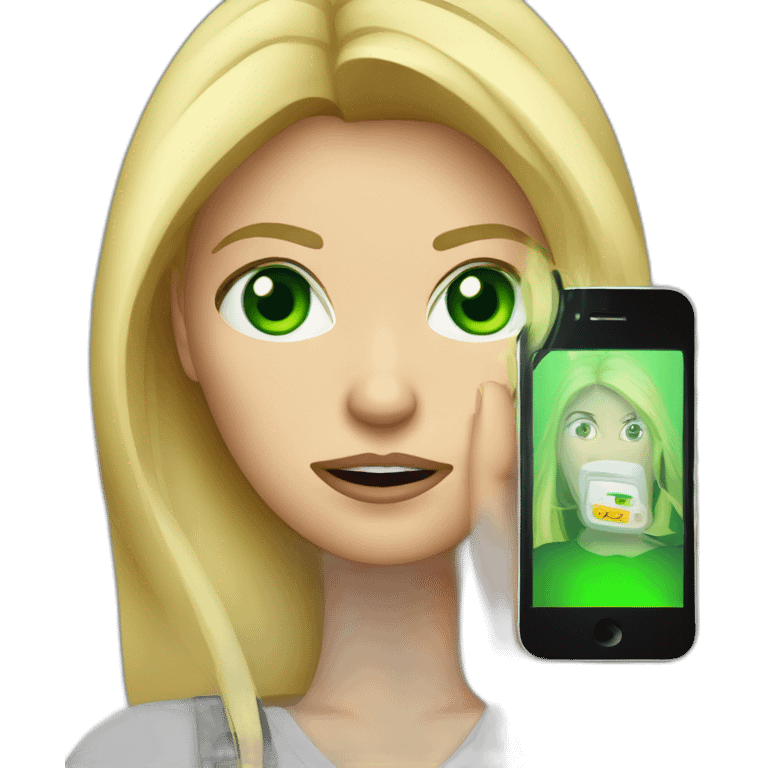 blonde woman mobile tester angry green eyes holding iphone emoji