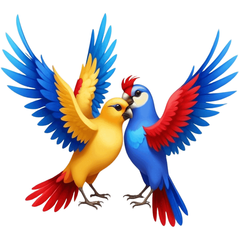 Three colorful birds flying together in the sky, each with vibrant feathers, wings spread wide, moving in harmony and creating a lively, joyful scene emoji