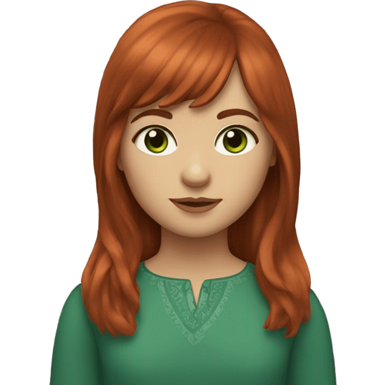 Girl with auburn hair, green eyes and curtain bangs  emoji