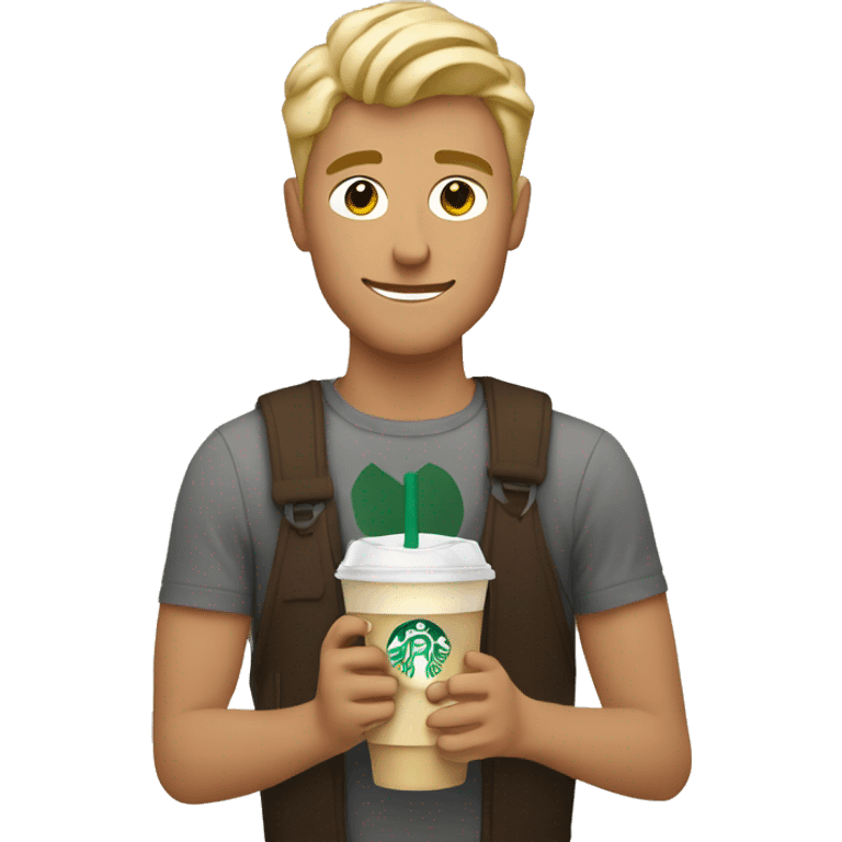 blonde guy holding a Starbucks iced latte emoji