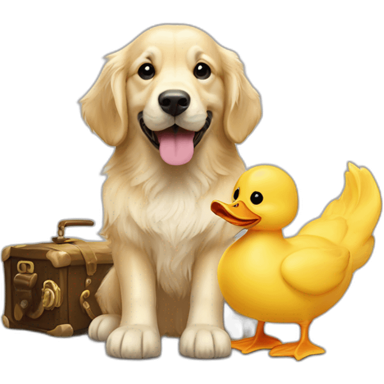 English-cream-golden-retriever with toy-pirate-duck emoji