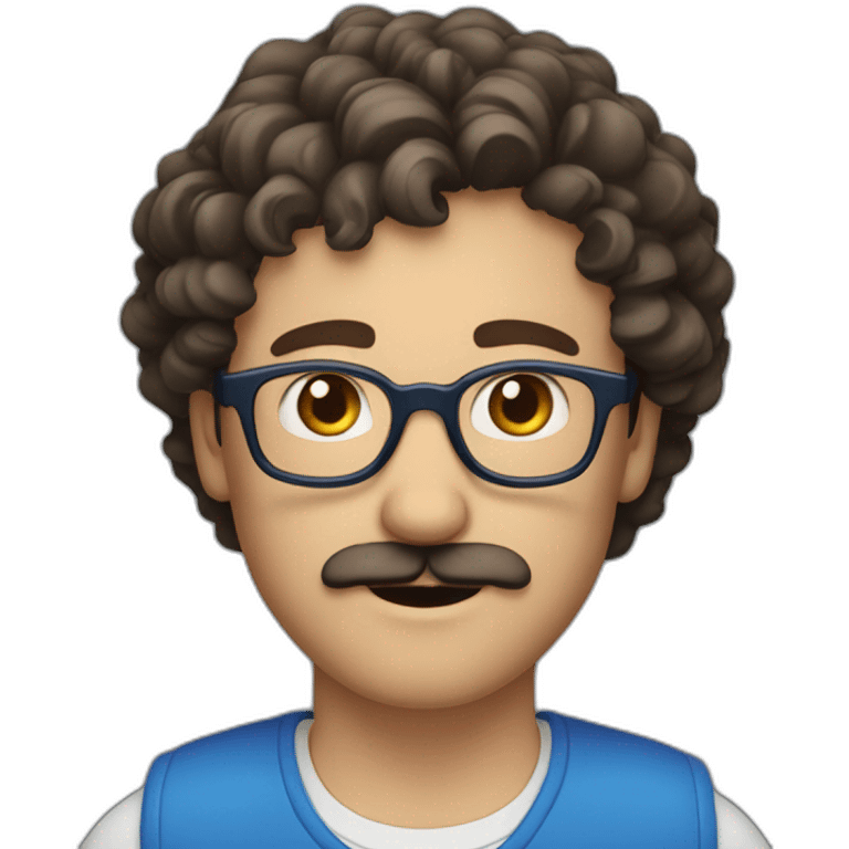 white man with short curly dark brown hair, blue small eyes, round eyeglasses and a brown mustache emoji