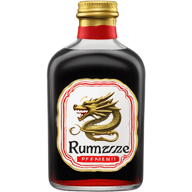 clear bottle of rumpleminze peppermint alcohol with a black and red label that has a gold dragon on it emoji