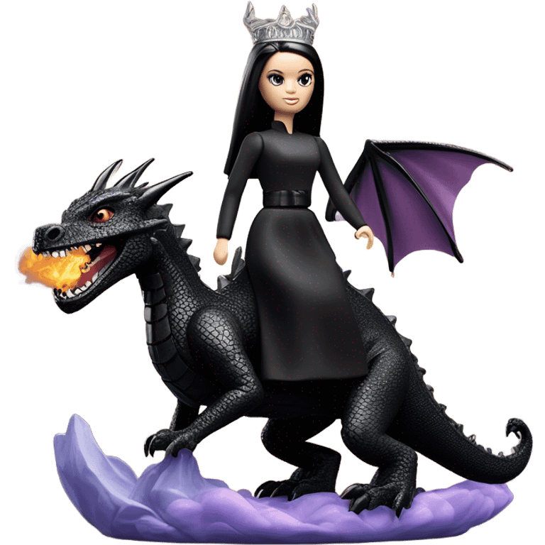 evening dressed, Wednesday Addams Barbie Jedi wearing a tiara, riding on the back of a very large black shiny evil-looking fire-spewing horned dragon emoji