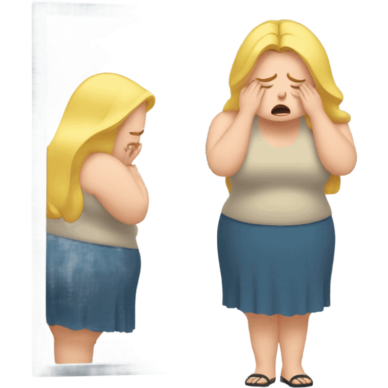 overweight blondie woman at mirror crying emoji