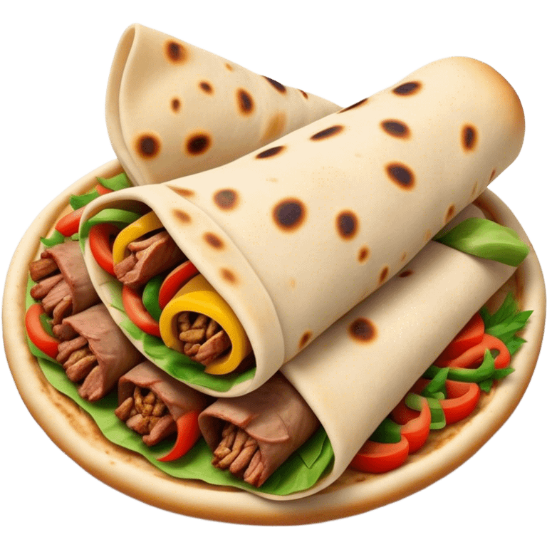 Cinematic Realistic Shawarma Dish Emoji, showcasing spiced, succulent meat wrapped in flatbread with fresh vegetables rendered with lifelike detail and dynamic, appetizing lighting. emoji