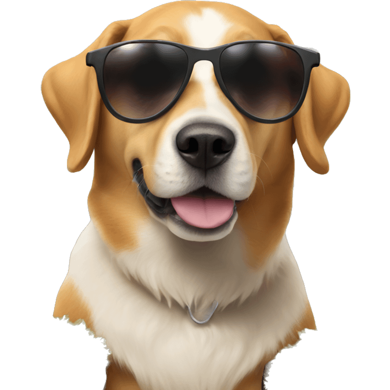 A dog in mountain with sunglasses emoji