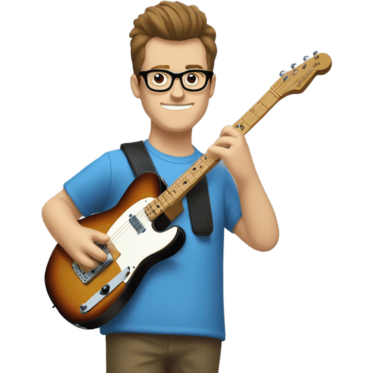 A nerdy white guy with glasses with short brown hair with a small quiff playing a blue classic telescaster emoji