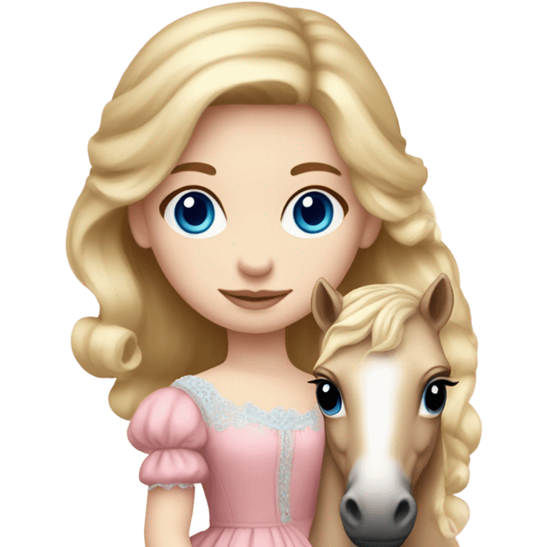 Blonde, pale skin, blue eyes girl wearing a pink dress cuddling her pony stuffed animal. She is from the Victorian era emoji