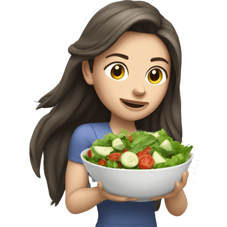 Muscle long hair brunette girl with pale skin eating salad emoji