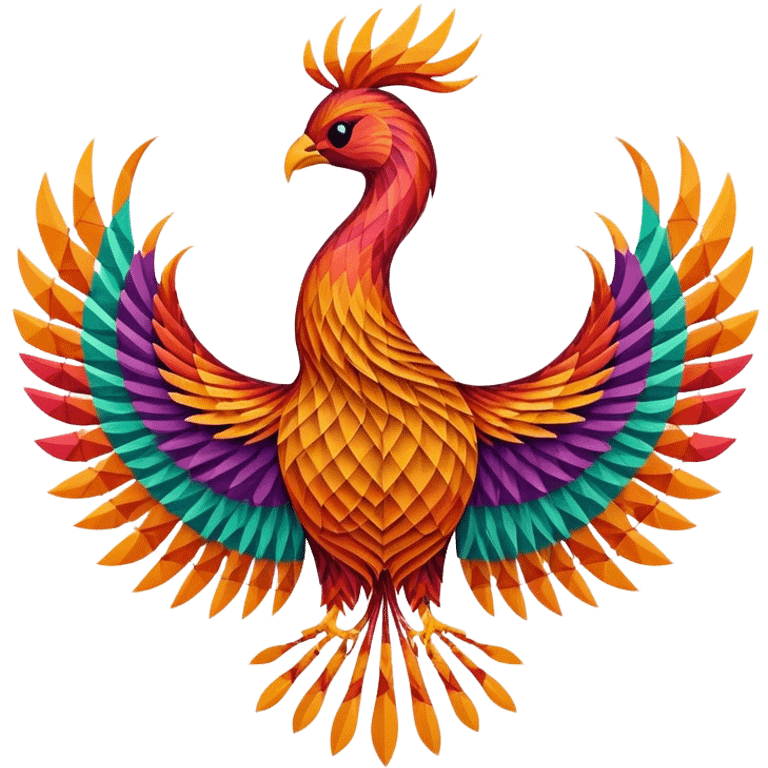 String art icon, large colorful phoenix bird in frontal view, intricate geometric patterns with threads, vibrant colors, minimalistic style, clean lines, transparent background. emoji