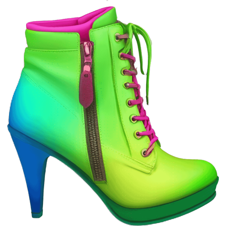 Realistic isolated top view pair of lime green,hot pink ,blue and green ombre high heel ankle bootie boots.  emoji