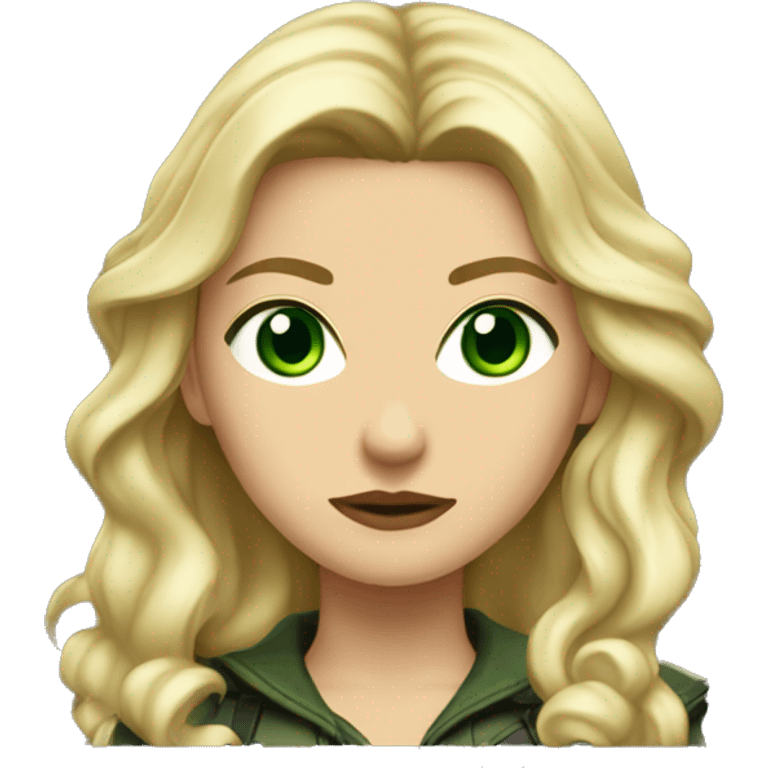 half-body, long wavy blonde assassin girl  fully clothed (hazel eyes with green in it) emoji