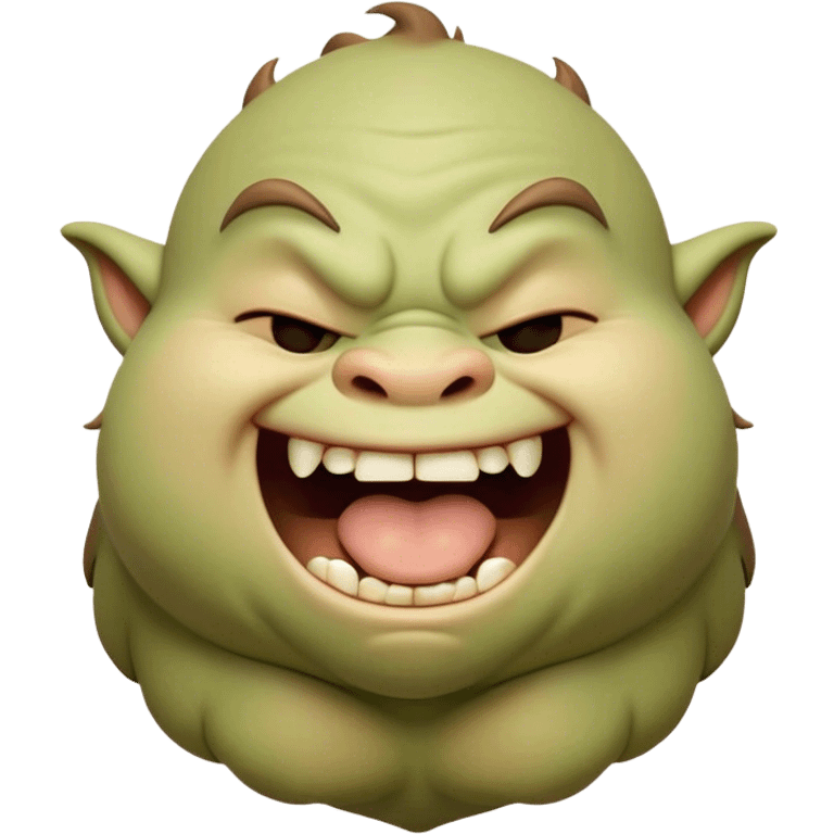 Cinematic Cute Yawning Ogre Portrait Emoji, with a surprisingly cuddly, rotund figure in soft earthy greens and browns, head tilted back in a big, gentle yawn exposing a set of comically oversized teeth, simplified yet irresistibly adorable, highly detailed with a soft glowing outline that captures the sleepy charm of a friendly ogre after a long day of gentle mischief! emoji