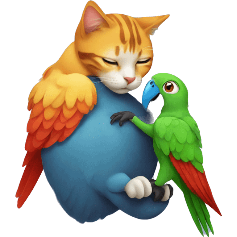 Cat cuddling a parrot emoji