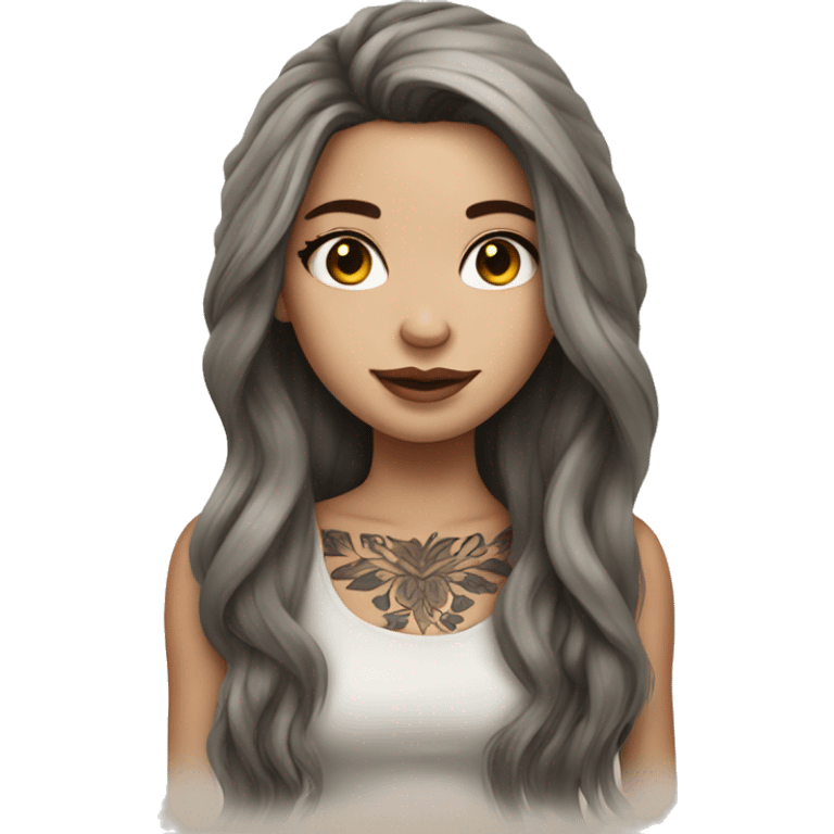 Beautiful girl with white skin, long brown hair and tattoos emoji