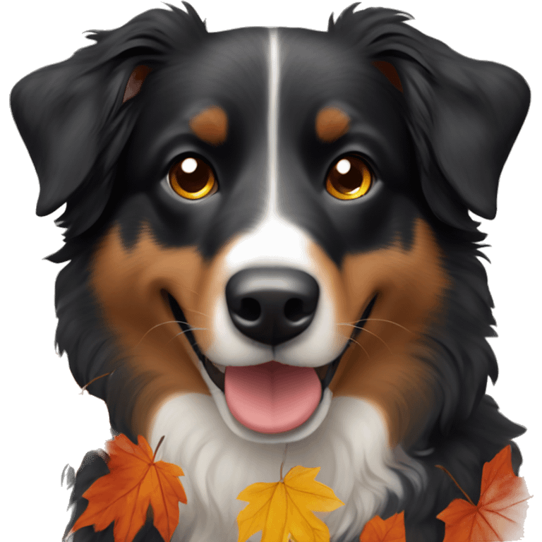 Small black australian shepherd dog wearing autumn emoji