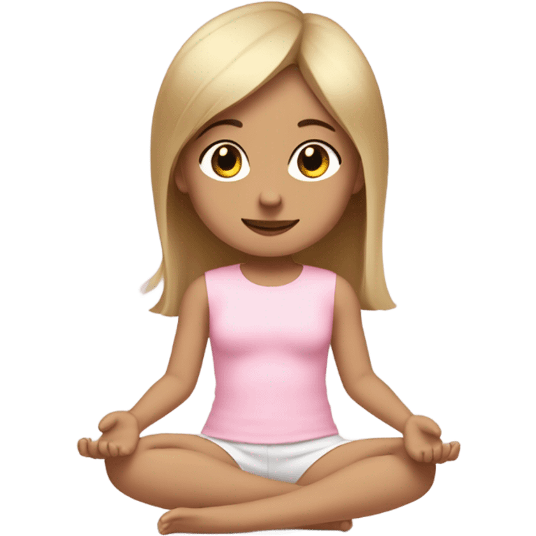 do a white skin little girl with dirty blond straight hair brown eyes and a cute baby pink outfit, full body arms legs and cute shoes doing yoga and no big head emoji