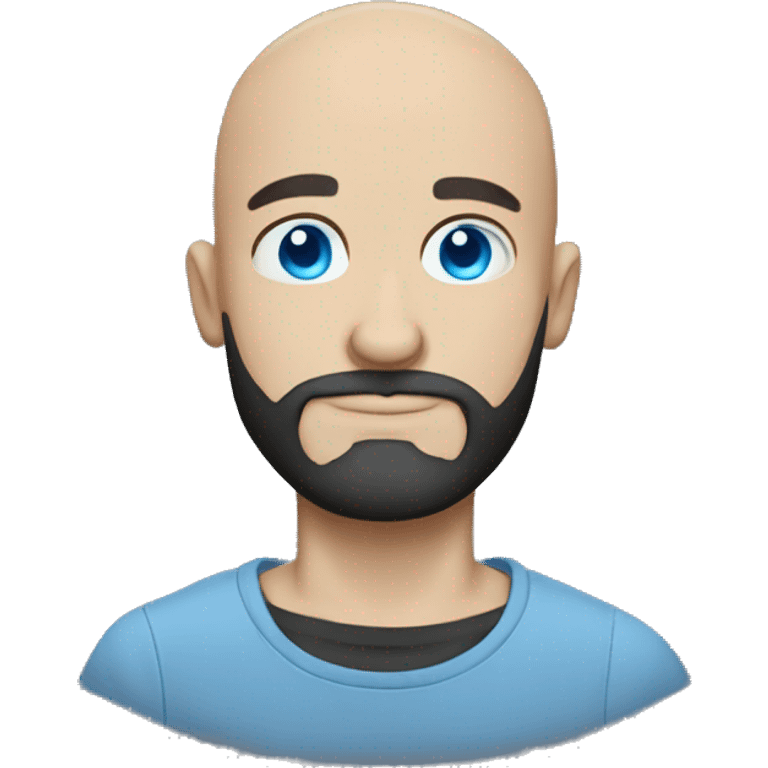 Bald guy, blue eyes, dark beard and a t-shirt with a skull on emoji