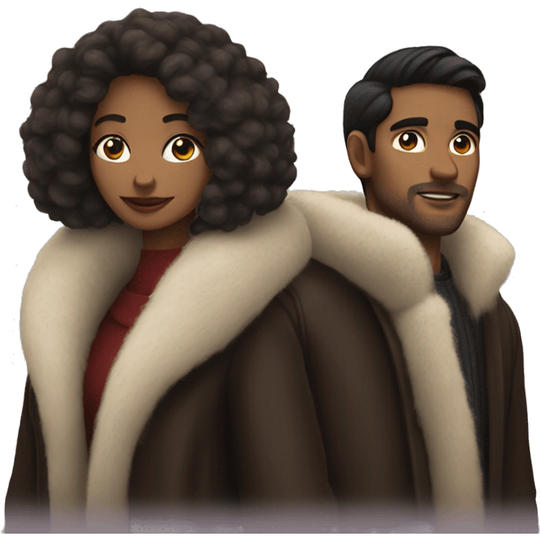 Dark haired couple in long fur coats emoji