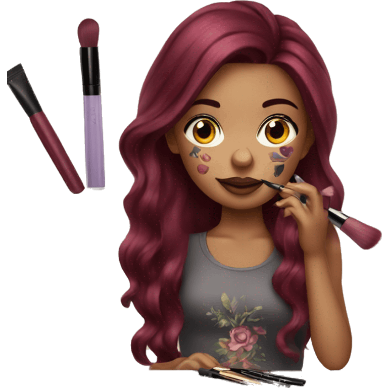 Beautiful tattooed burgundy long haired woman doing her makeup emoji