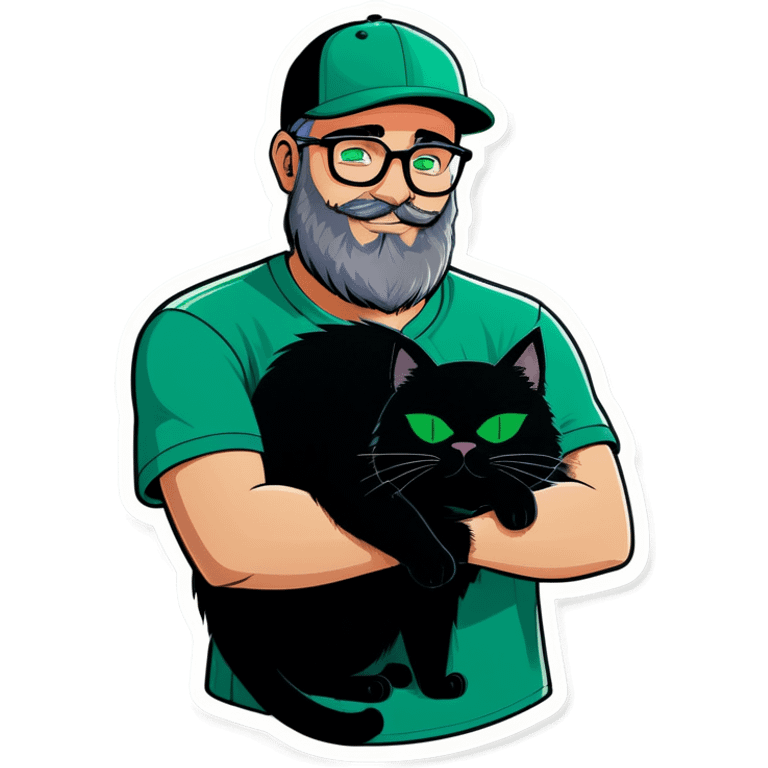 A bold man with a grey baseball cap, green eyes, big beard and glasses hugging a black cat emoji