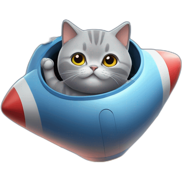 British Shorthair Blue Cat ride a rocket emoji